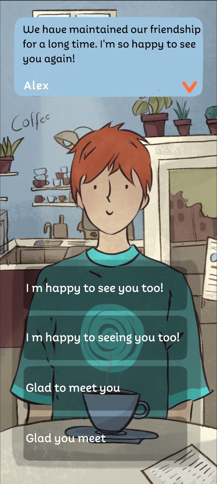 Lifeng dialogue scene — choosing a reply in a café conversation